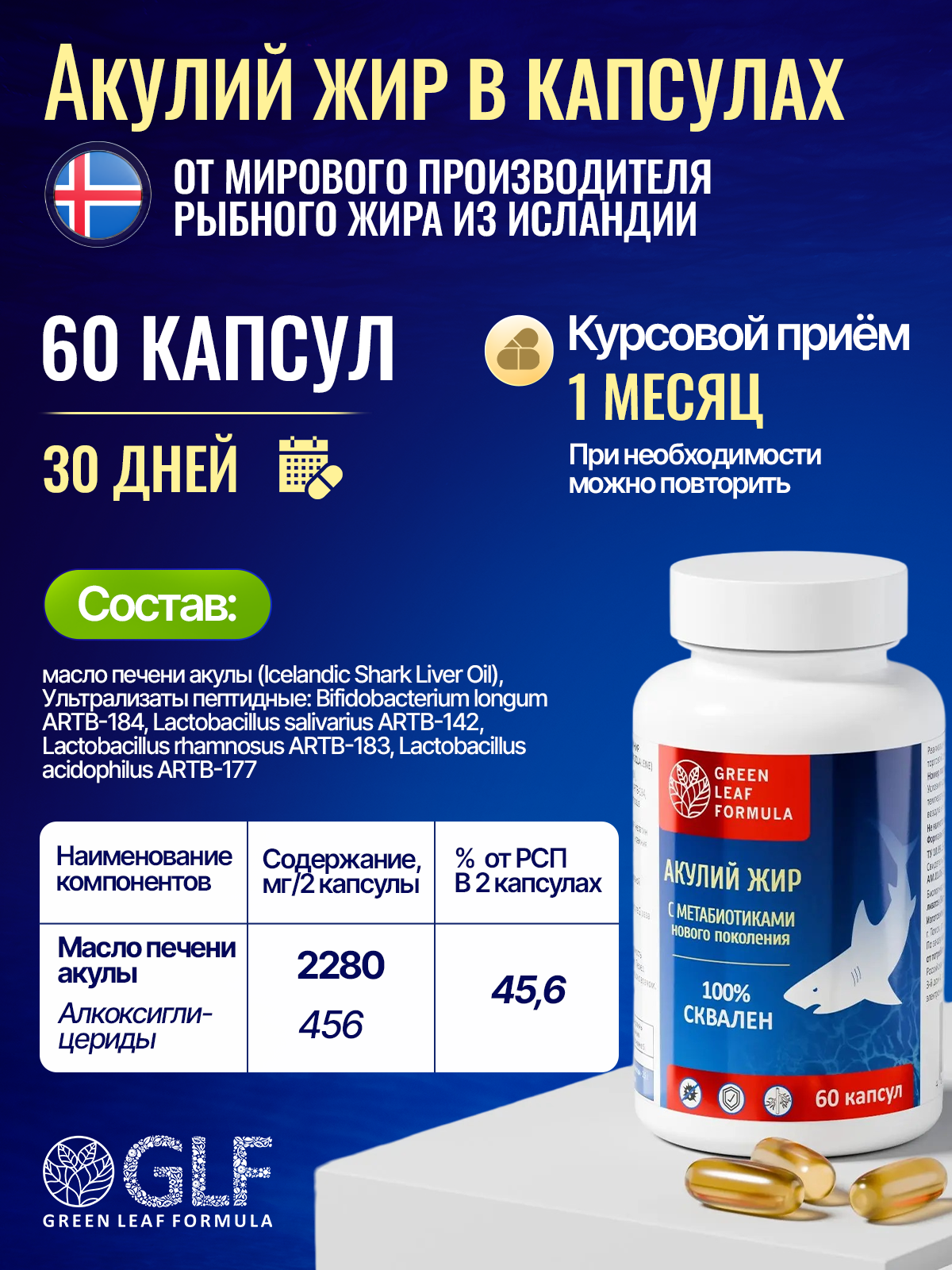 Масло печени акулы Green Leaf Formula сквален акулий с метабиотиками нового поколения для иммунитета 60 капсул - фото 2