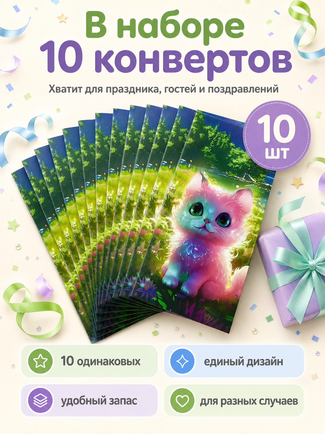 Конверты для денег детские Филькина Грамота с разноцветным котёнком 10 шт. - фото 3