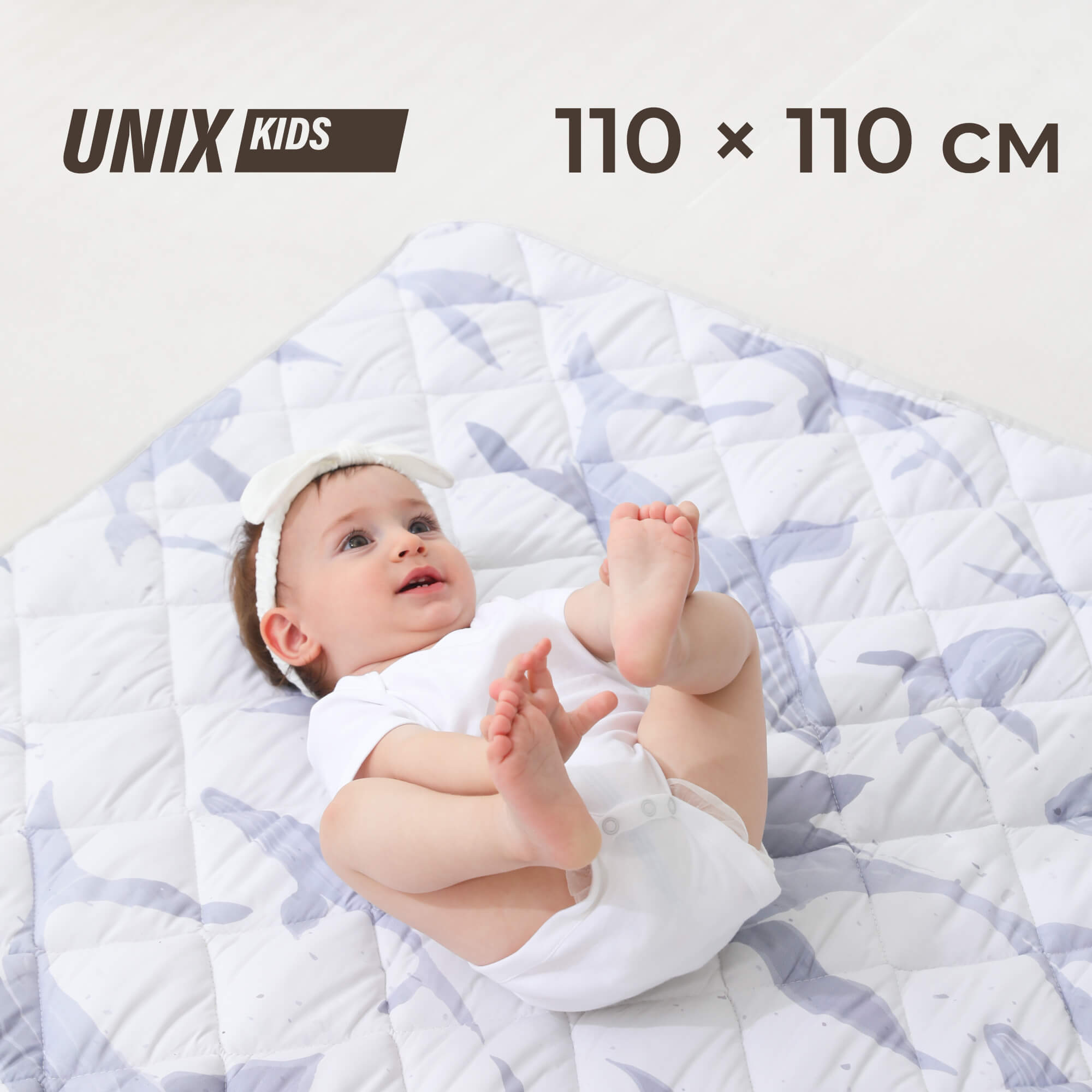 Коврик детский для ползания и игр UNIX Kids Ocean Киты для новорожденных и малышей, мягкий, 110 × 110 см - фото 1