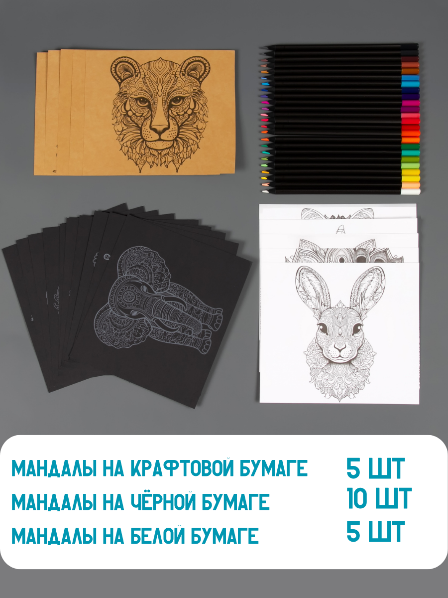 Раскраска для взрослых антистресс AXLER набор для раскрашивания и арт терапии мандалы 20 шт и карандаши 24 цв - фото 11