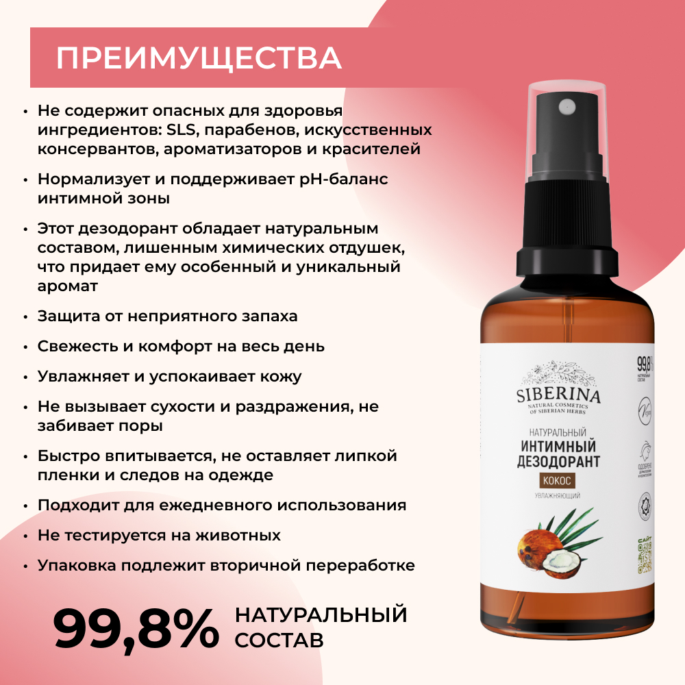 Интимный дезодорант Siberina натуральный «Кокос» увлажняющий и успокаивающий 50мл - фото 3