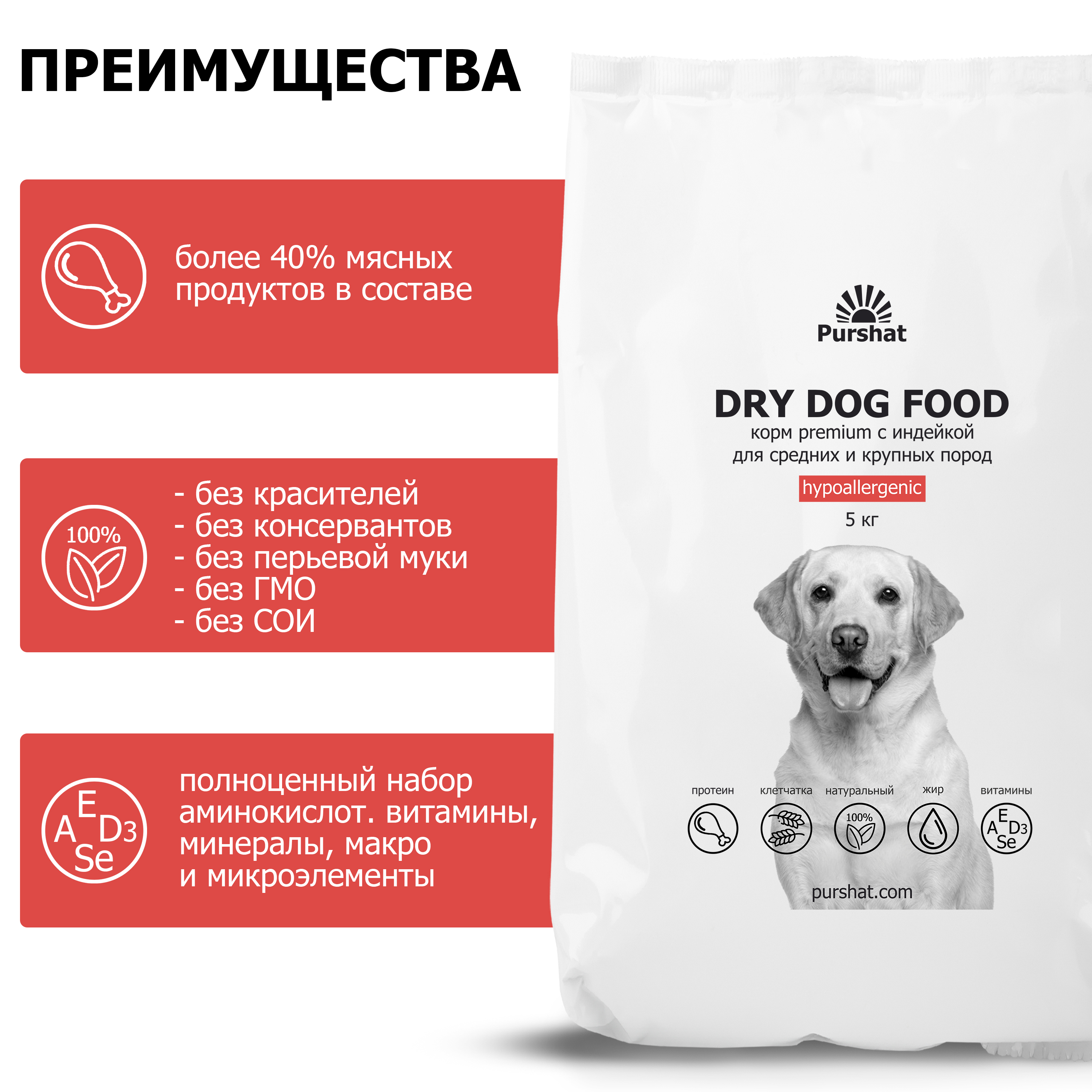 Корм для собак Purshat для средних и крупных пород гипоаллергенный с индейкой 5 кг - фото 4