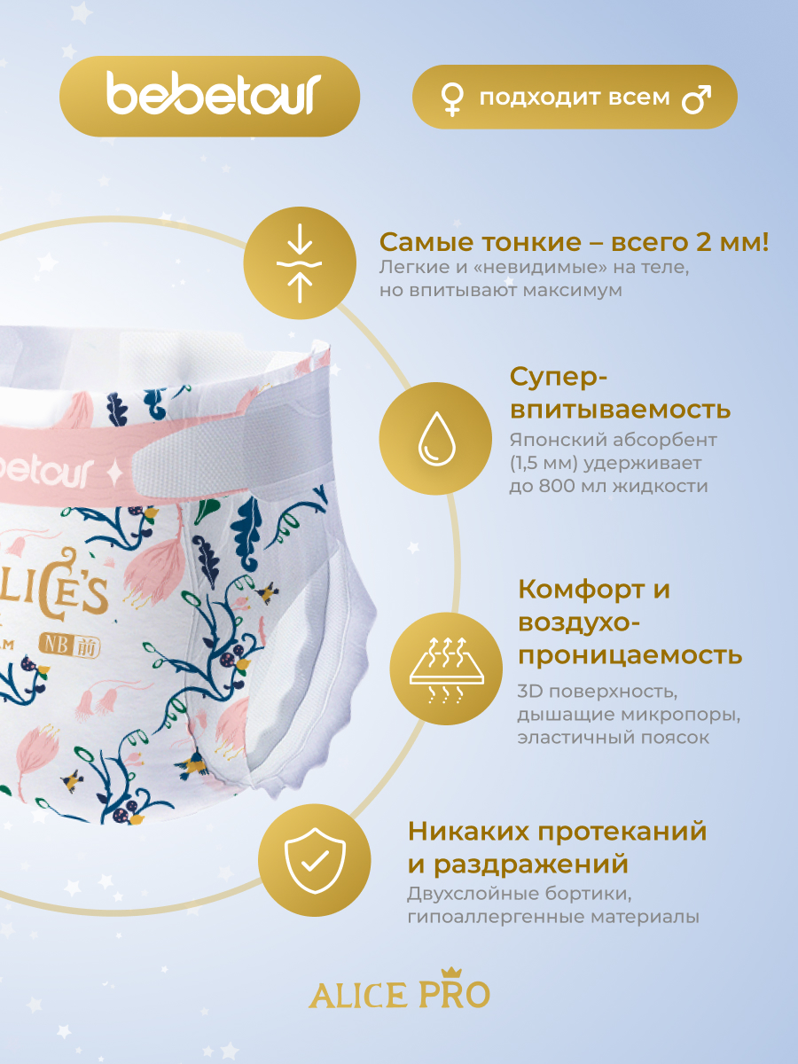 Подгузники Bebetour Alices Secret Dream ультратонкие NB (0 - 5 кг) 30 шт. - фото 2