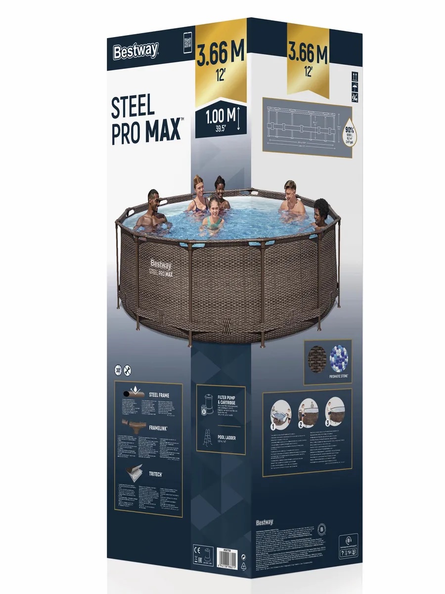 Бассейн каркасный Bestway 366 см на 100 см Steel Pro Max фильтр-насос лестница 9150 л - фото 13