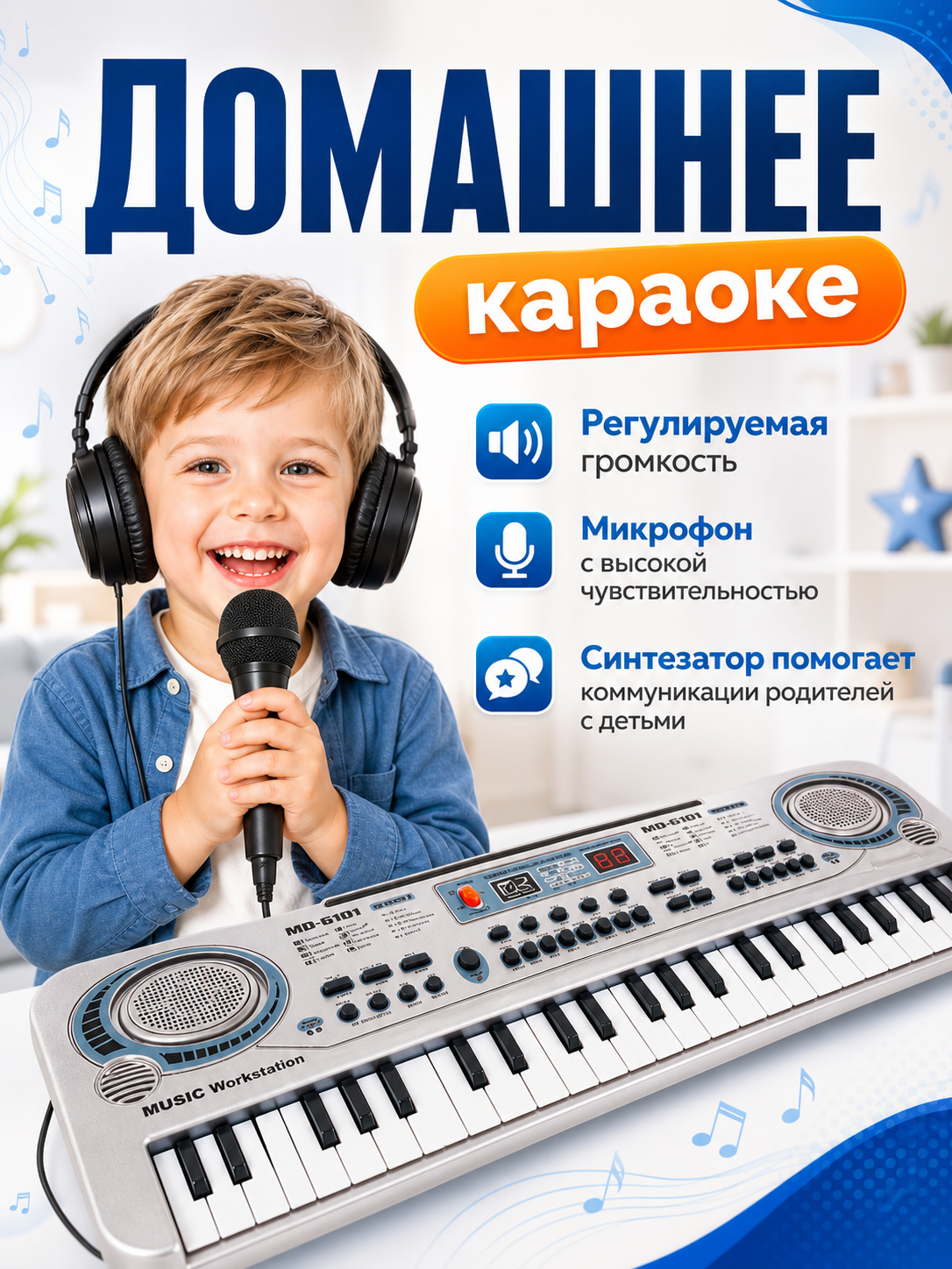 Игрушка музыкальная BelliniToys 61 клавиша детский развивающий синтезатор, пианино - фото 4