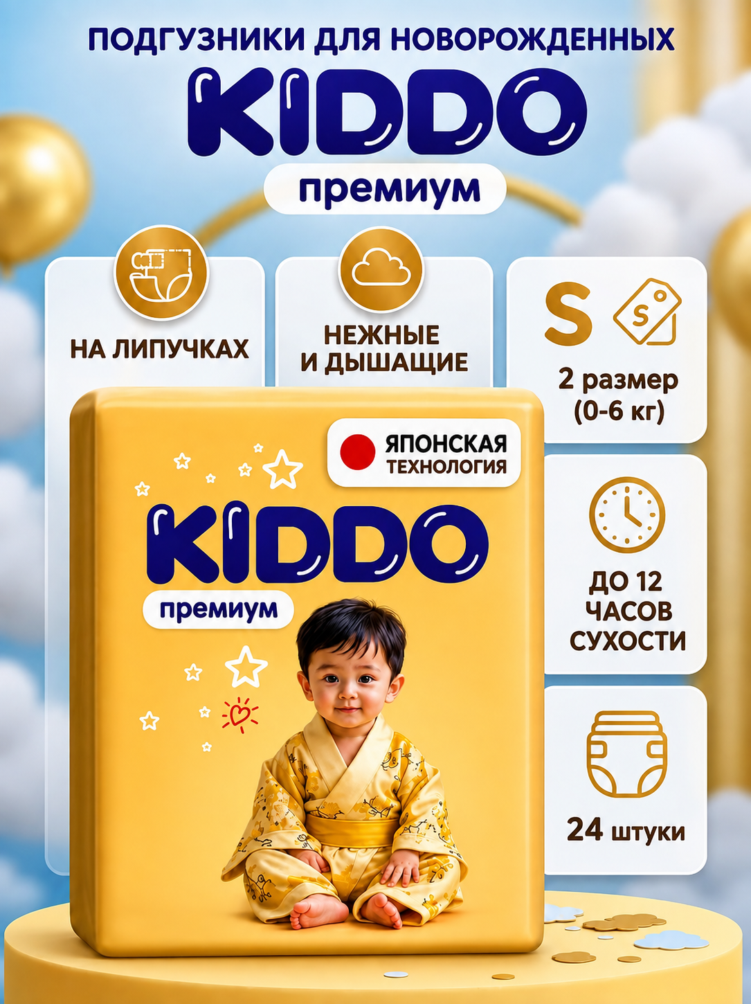 Подгузники Kiddo Premium S (2-6кг) 24 шт. - фото 1