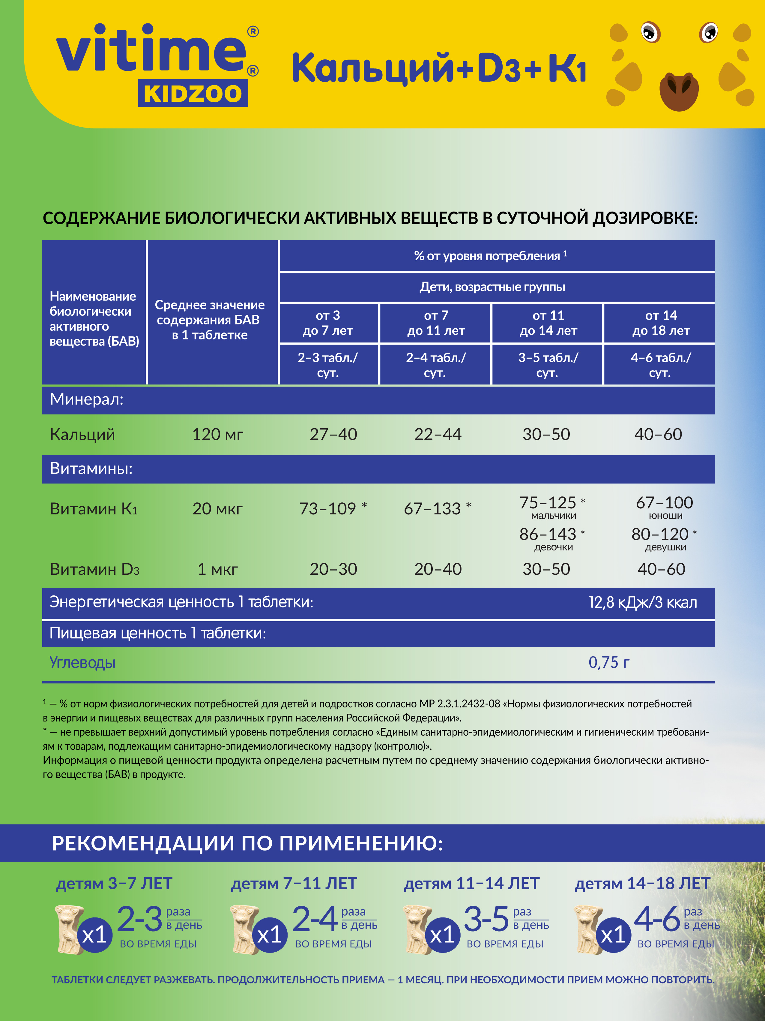 Витамины с кальцием для детей, 60 таб. Vitime Kidzoo Кальций + D3 + К1 - фото 6