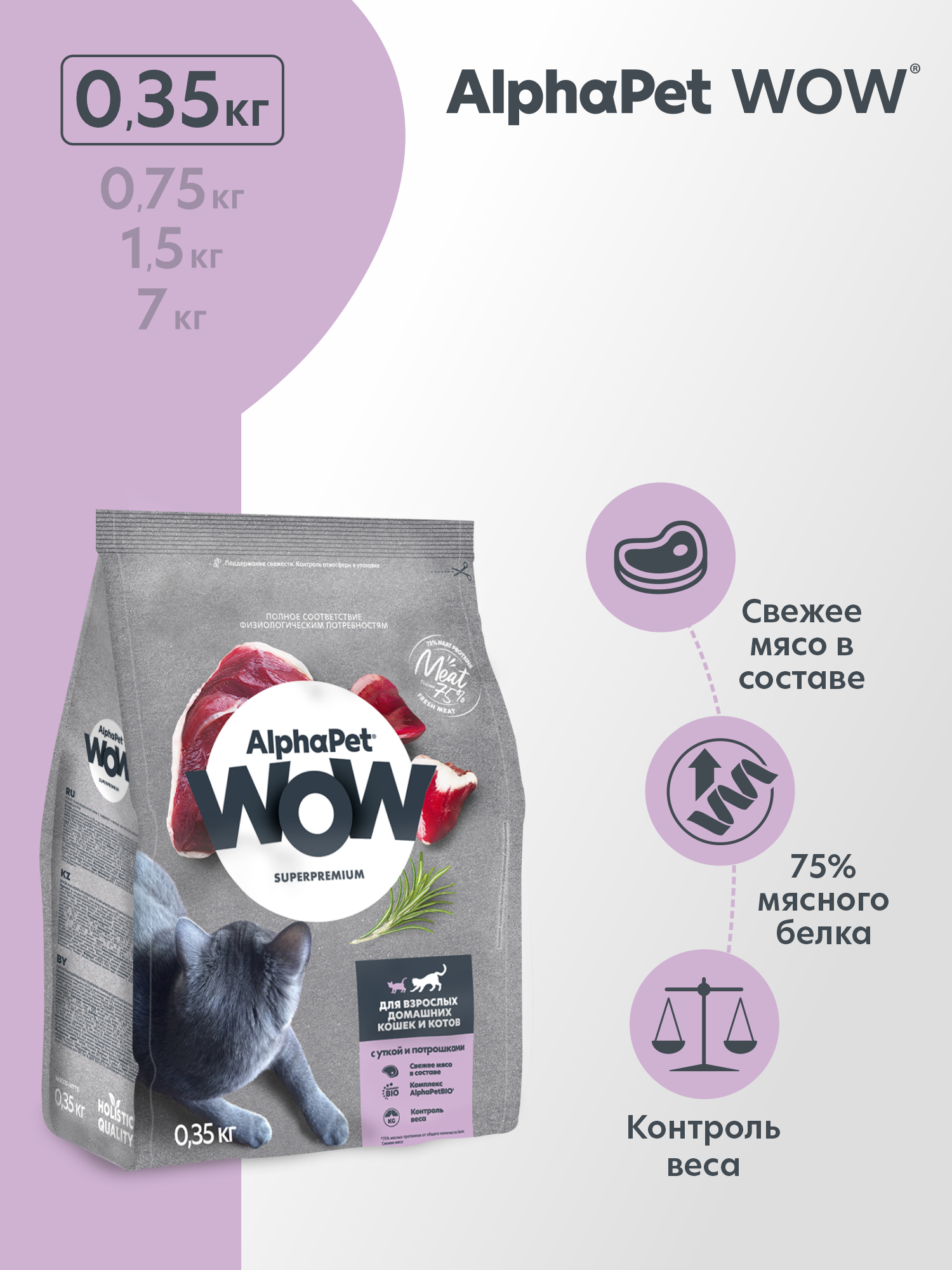 Сухой полнорационный корм холистик AlphaPet с уткой и потрошками для взрослых домашних кошек и котов 0,35 кг - фото 1