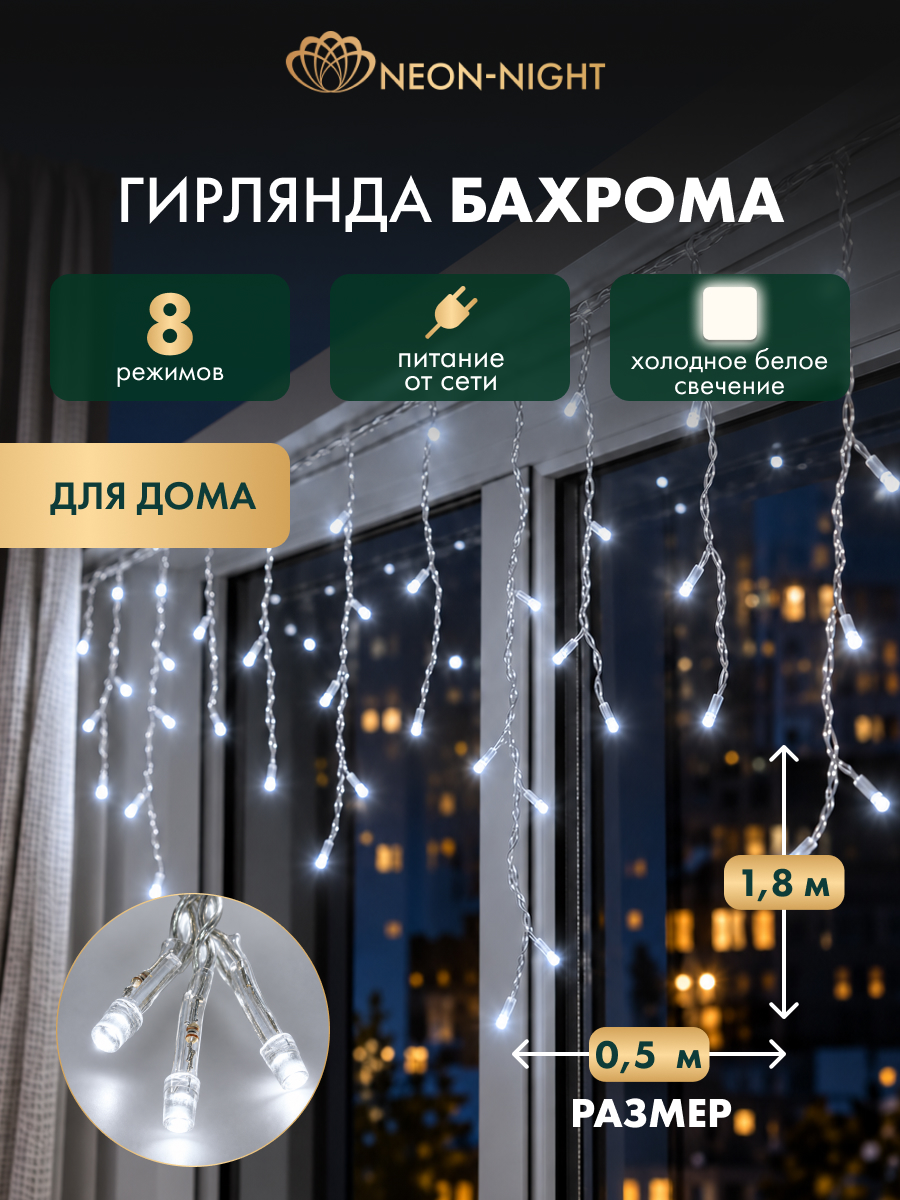 Светодиодная гирлянда NEON-NIGHT Бахрома 1.8х0.5 м 8 режимов белое свечение 255-015 - фото 1