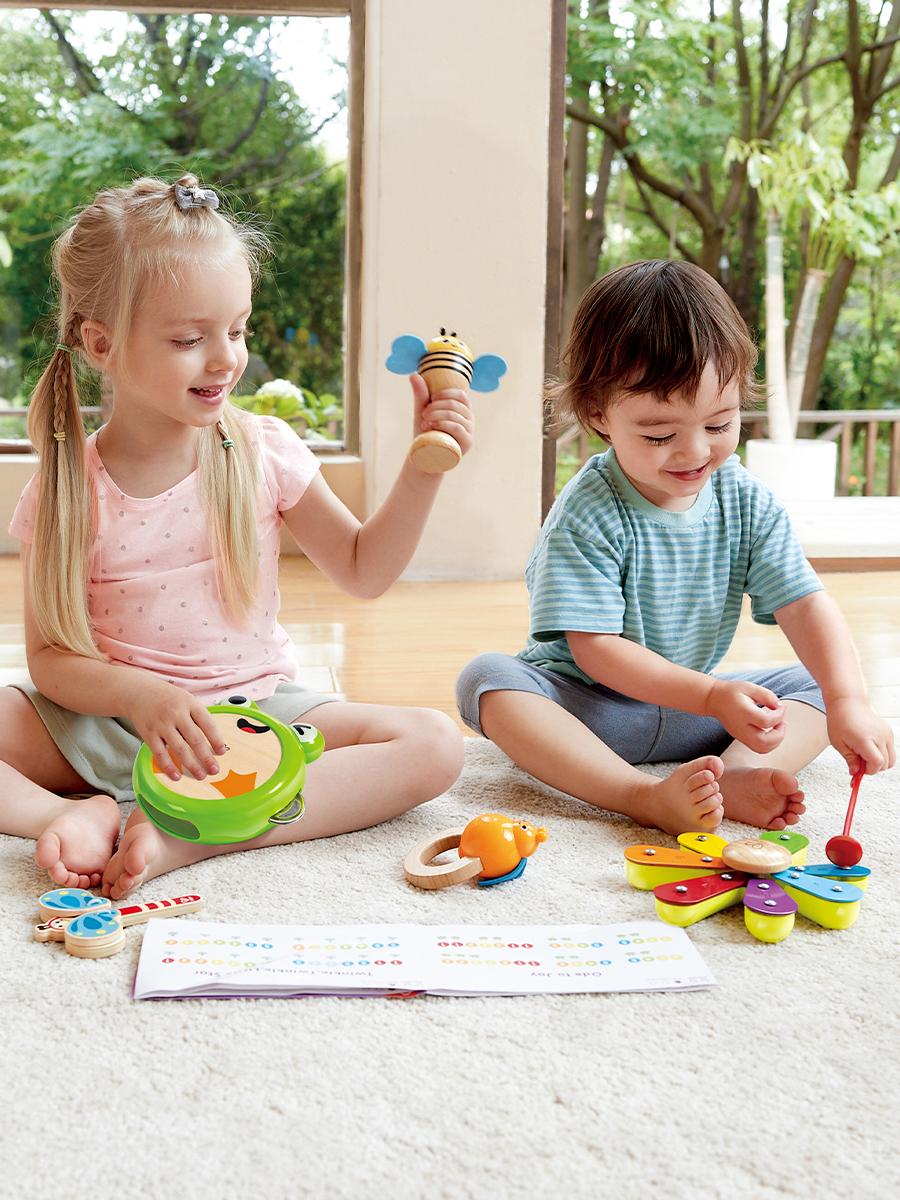 Игрушка музыкальная Hape Набор музыкальных инструментов аксессуар, кастаньеты, ксилофон, бубен - фото 1
