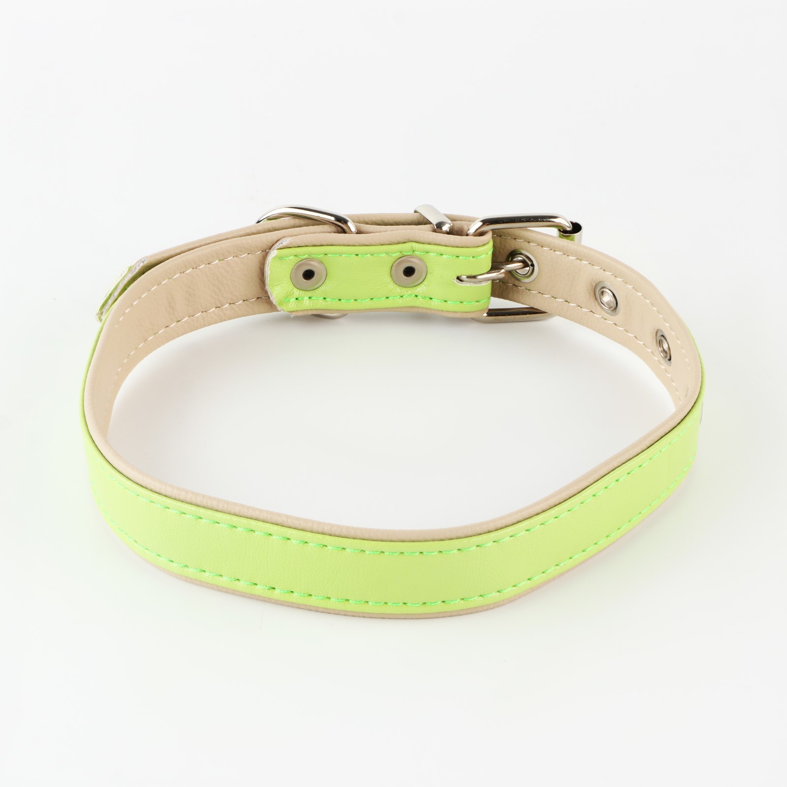 Комплект Пушистое счастье ошейник и поводок из экокожи салатовый с бежевым - фото 2