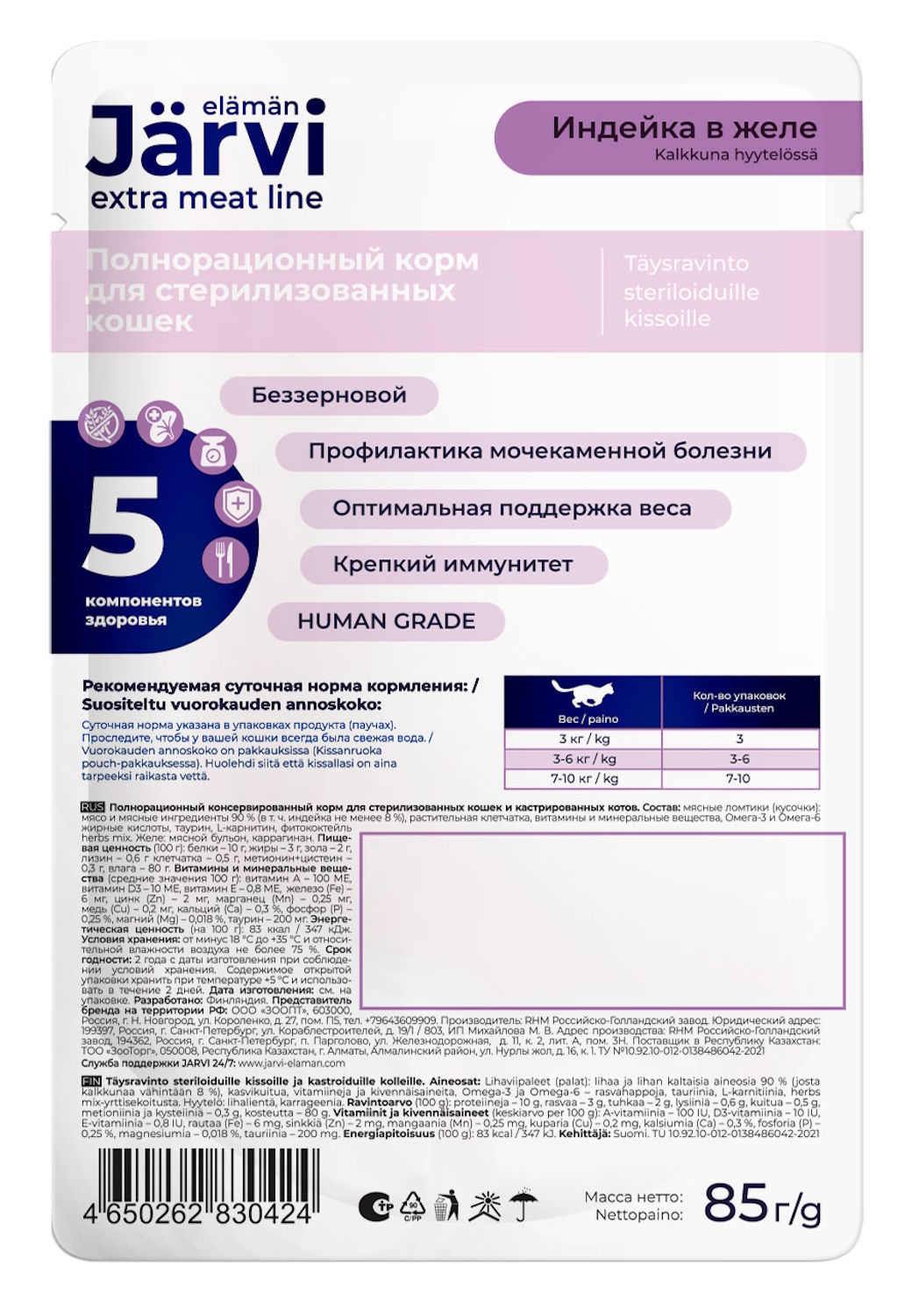 Корм для кошек Jarvi Extra meat line для стерилизованных кусочки в желе индейка 85г пауч - фото 2