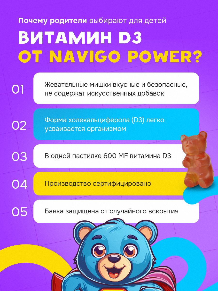БАД NAVIGO POWER Витамин Д3 60 жевательных мармеладок со вкусом колы - фото 3