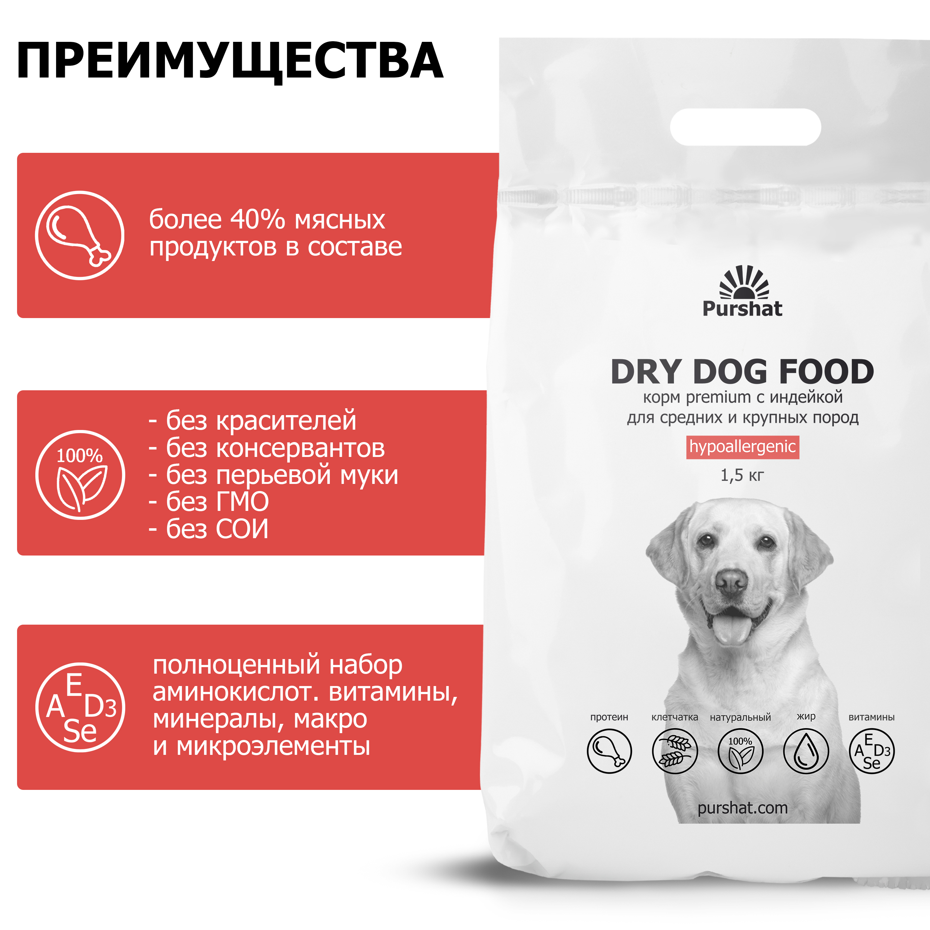 Корм для собак Purshat для средних и крупных пород гипоаллергенный с индейкой 1500 грамм - фото 4