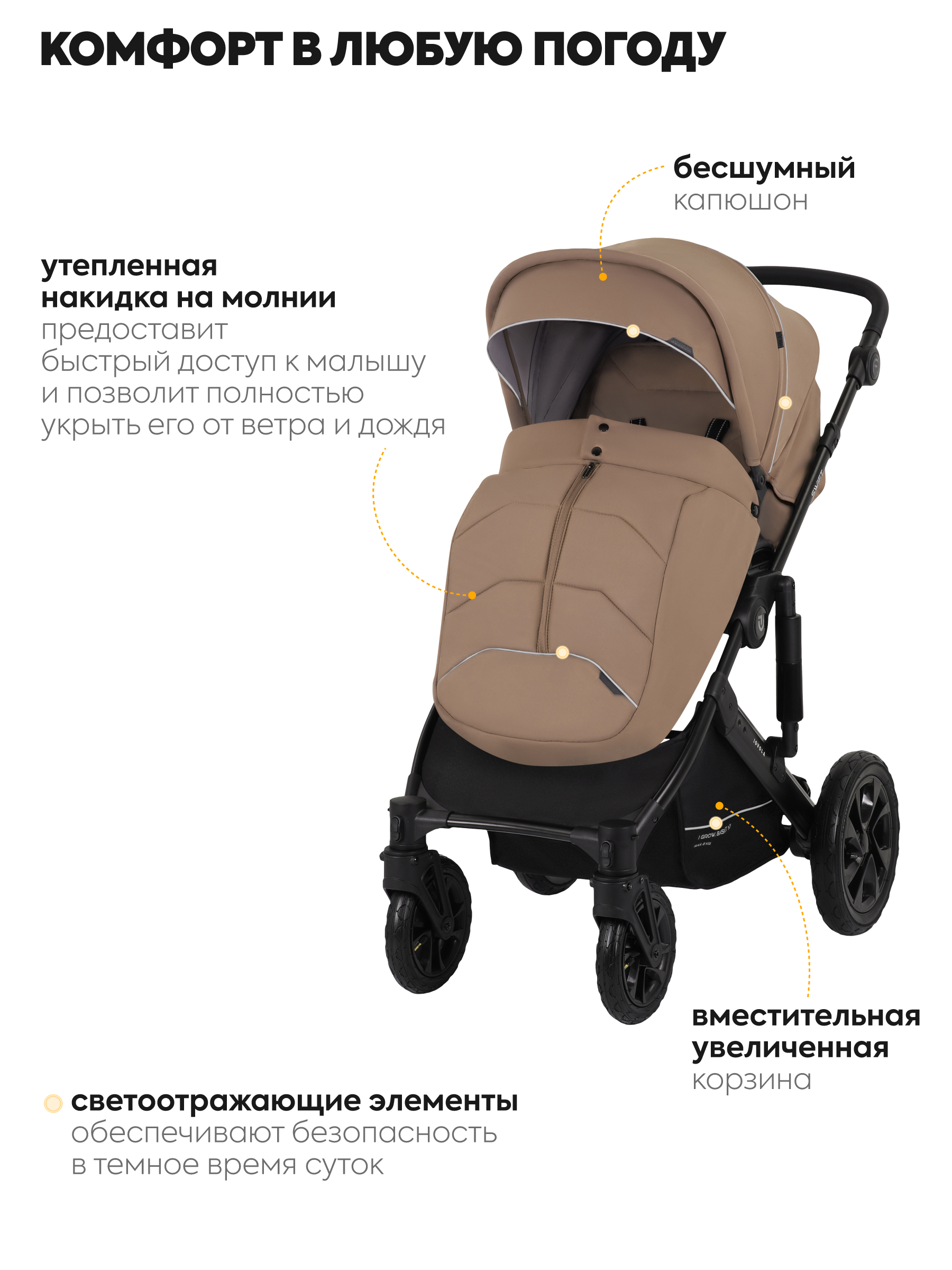 Коляска 2в1 JOVOLA Swift всесезонная, т.-бежевый коричневый - фото 6