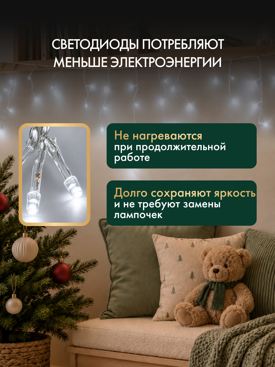 Светодиодная гирлянда NEON-NIGHT Бахрома 1.8х0.5 м 8 режимов белое свечение 255-015 - фото 3