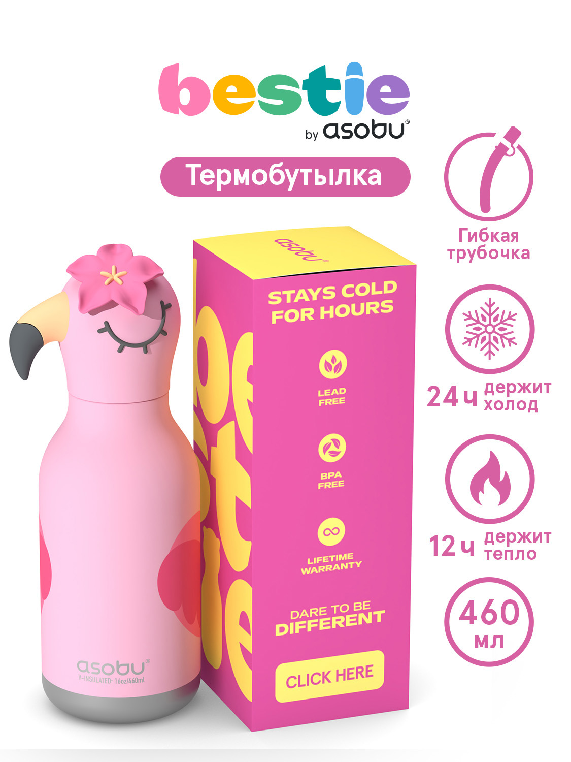Термос для воды с трубочкой ASOBU Bestie Фламинго 460 мл - фото 1