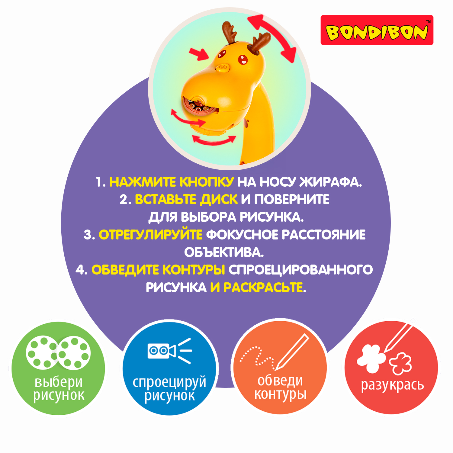 Проектор для рисования BONDIBON Жирафик 48 шаблонов рисунка и 12 фломастеров - фото 9