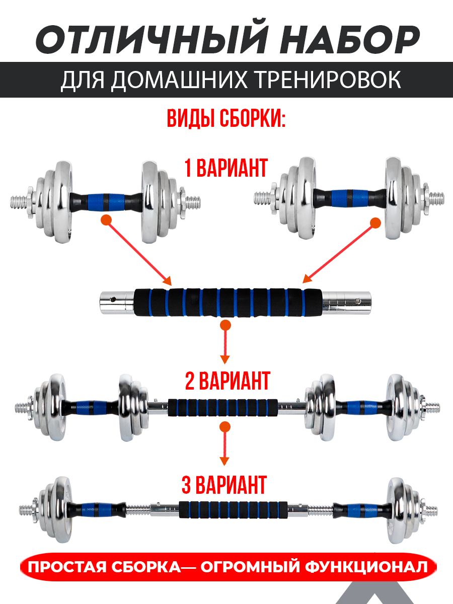 Гантели U-TURN 2в1 / Гантели+штанга / В комплекте 12 дисков / 20 кг / Синий / В кейсе - фото 4