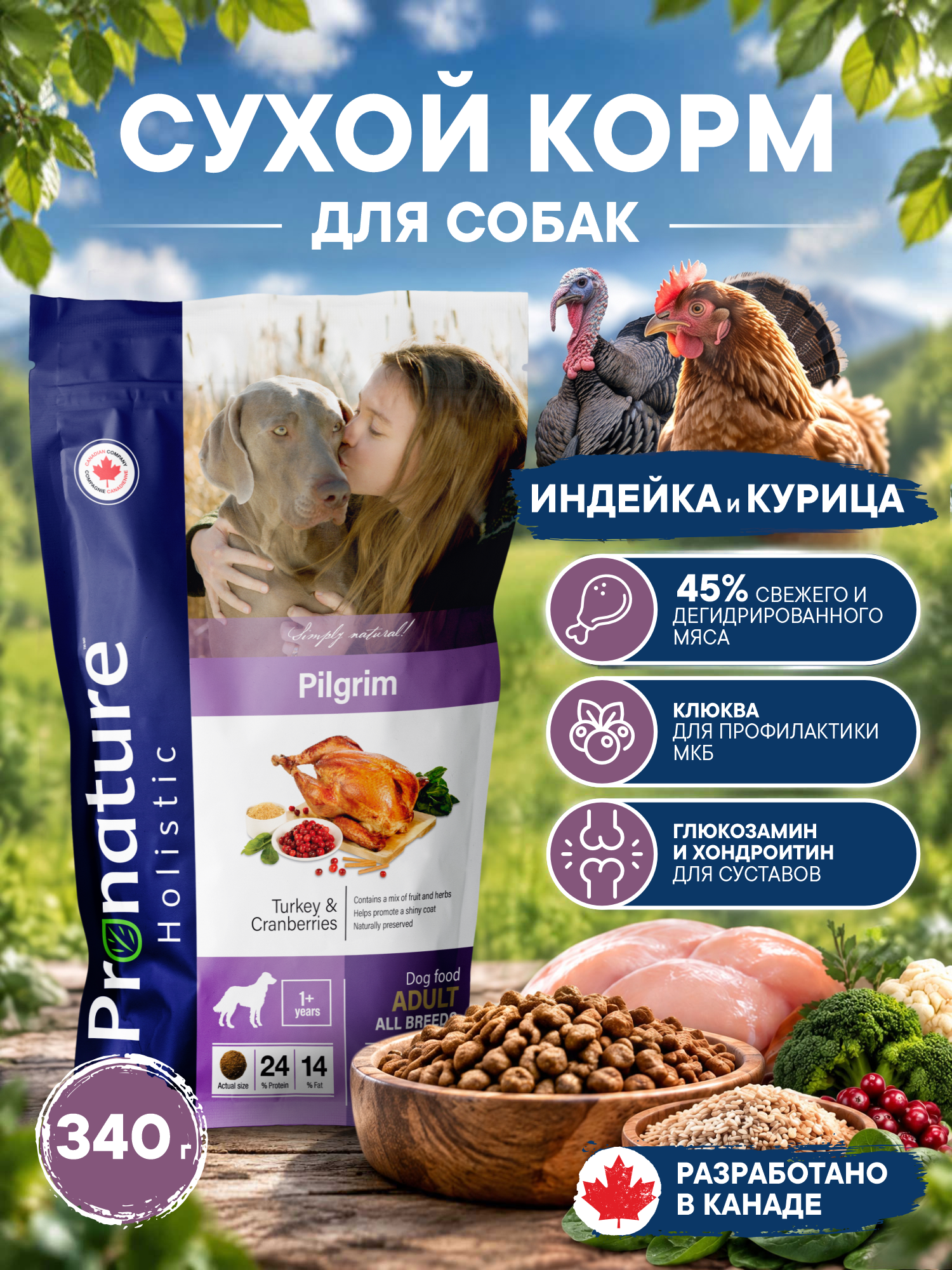 Корм для собак сухой Pronature Holistic Pilgrim на индейке с клюквой 340г - фото 1