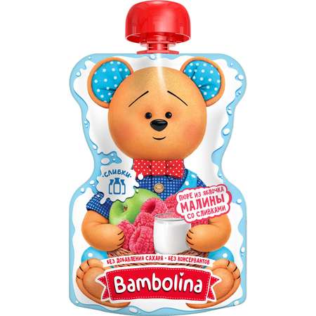 Пюре Bambolina яблоко-малина-сливки 90г с 6месяцев