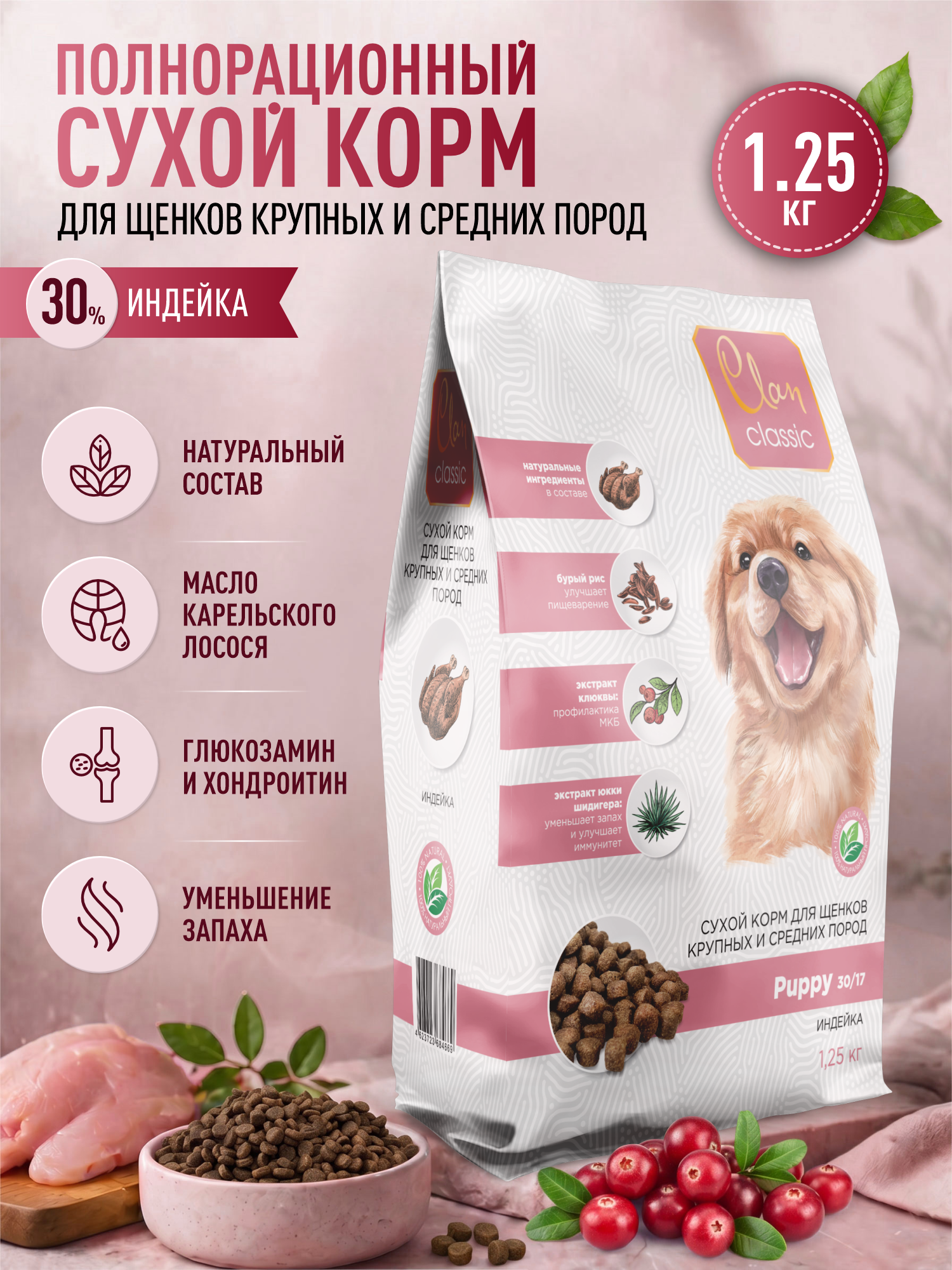 Корм для щенков крупных и средних сухой Clan Classic Puppy 30/17 индейка 1.25кг - фото 1
