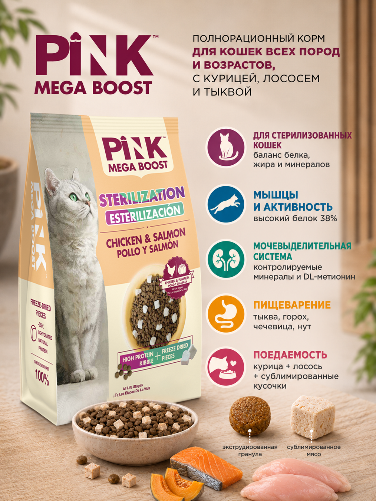 Сухой корм для стерилизованных кошек PINK MEGA BOOST Курица с лососем с сублимированным мясом 1.8 кг - фото 2