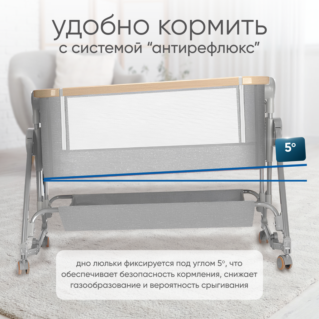Кроватка для новорожденного прикроватная Solmax с функцией качания серая, складная - фото 6