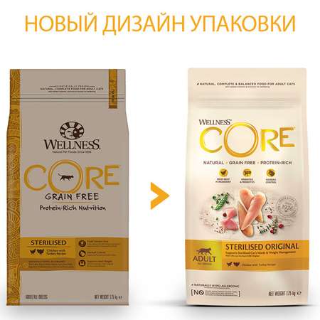 Корм для кошек Wellness CORE 1.75кг индейка-курица для стерилизованных и кастрированных