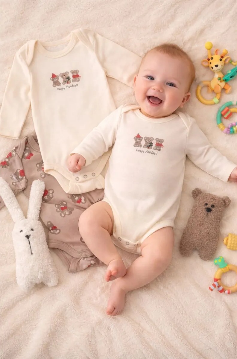 Боди 2 шт Mark Formelle (Марк Формэль) 13016-2/сливочное масло +НГ мишутки на бежевом - фото 1