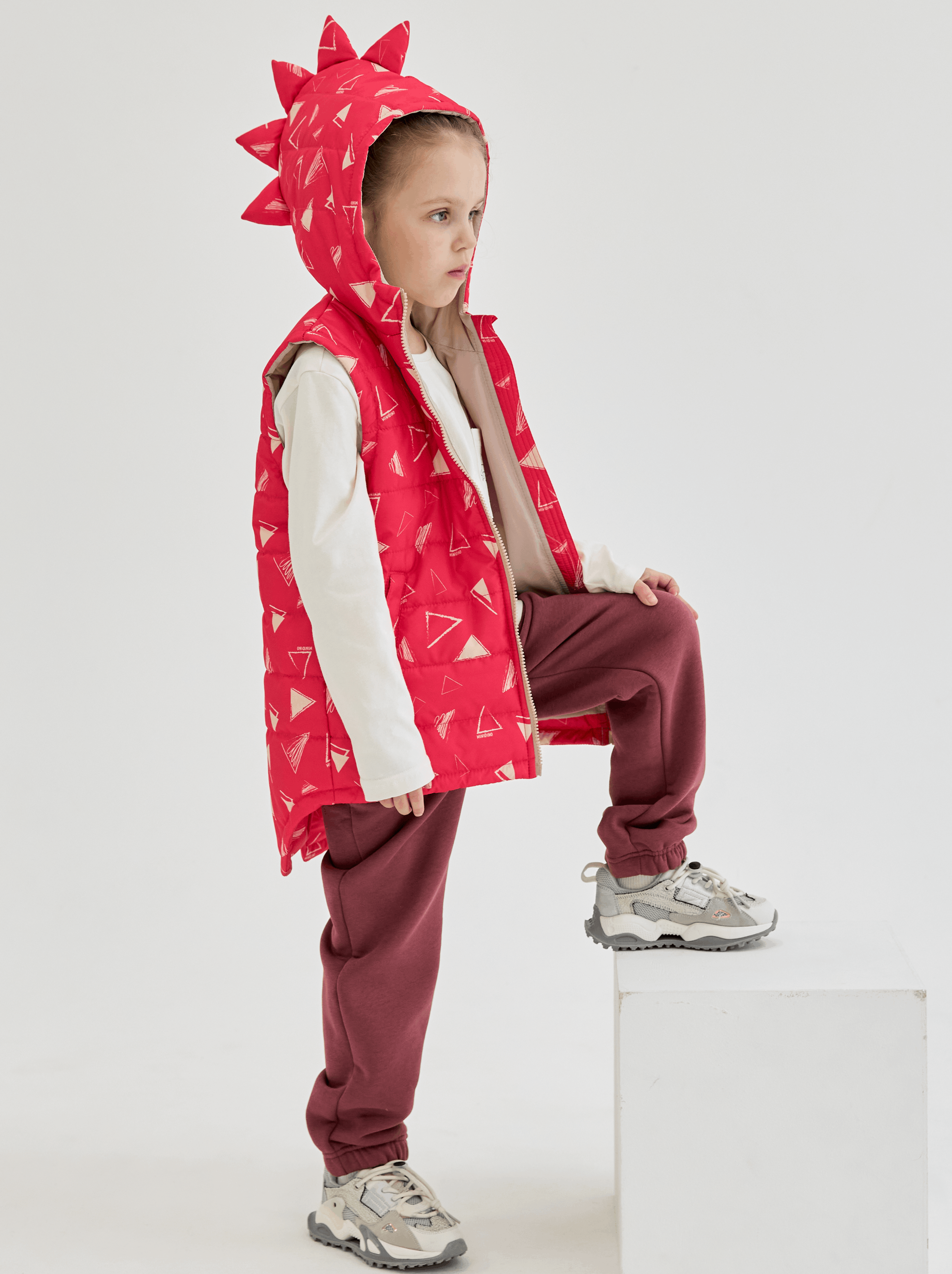 Жилет MINIDINO М010/1/ДЖилет утепленный детский Дино принт треугольник пион - фото 1