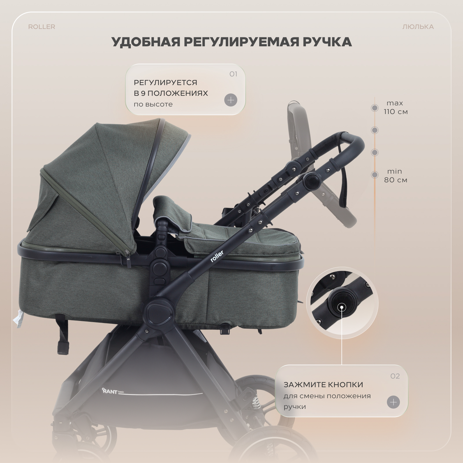 Коляска трансформер Rant Basic Roller 2в1, olive зеленый - фото 8