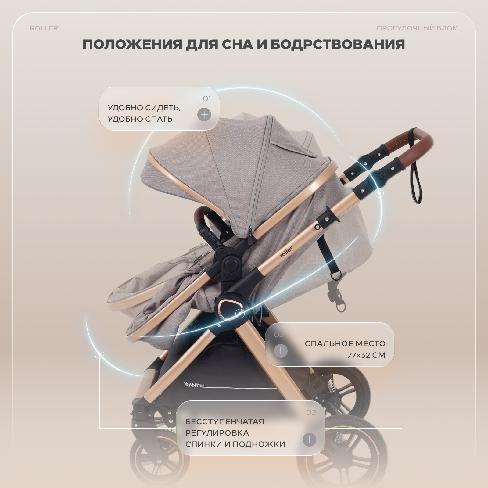 Коляска трансформер Rant Basic Roller Gold 2в1, beige бежевый - фото 13