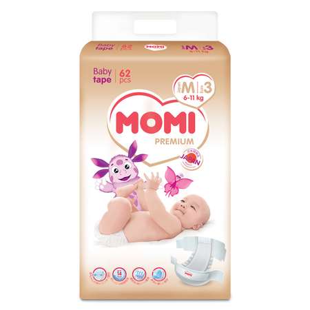 Подгузники Momi Premium M (6-11 кг) 62 шт.