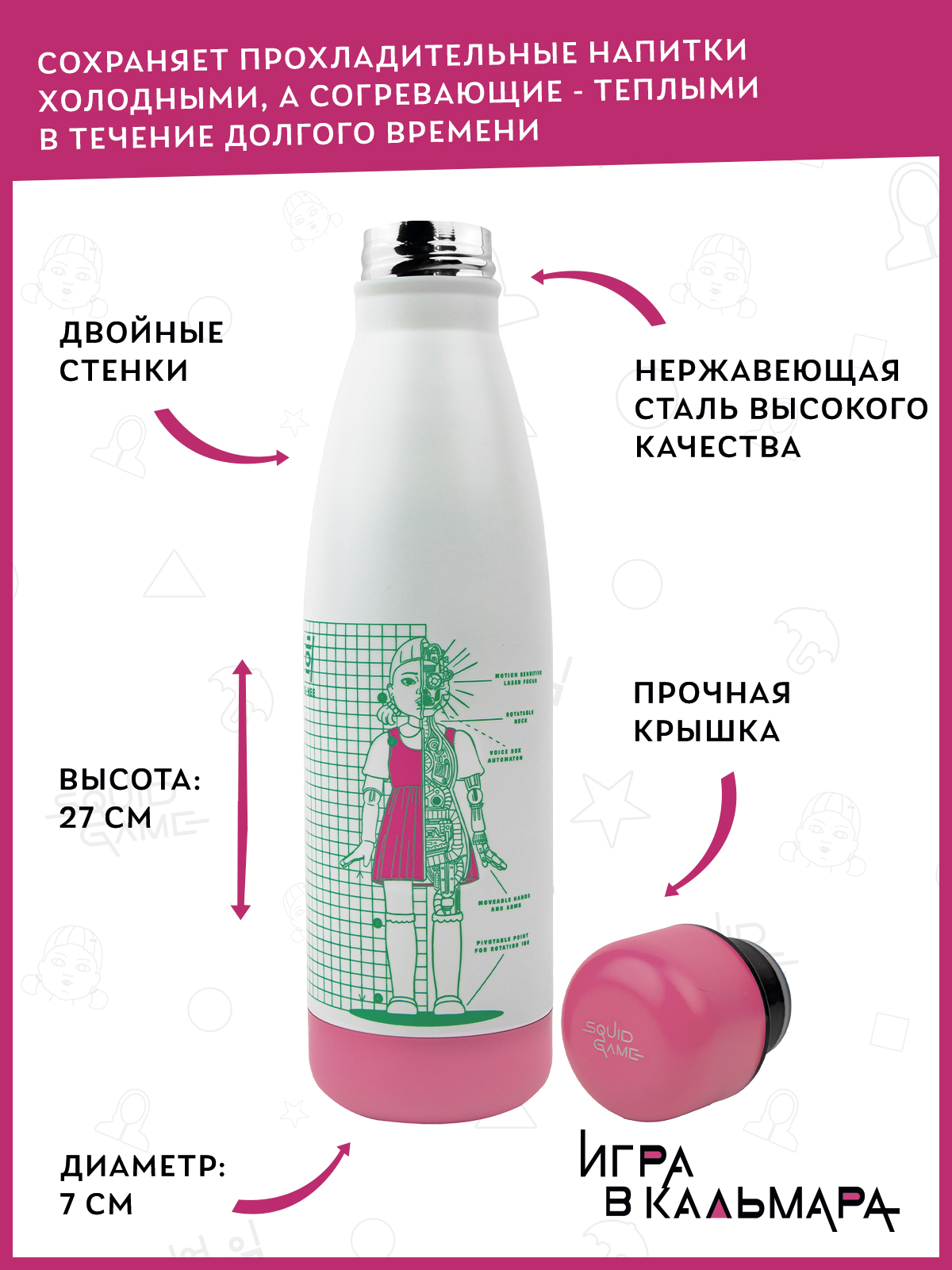 Термобутылка Squid Game Игра в кальмара Белый чертеж Ён-Хи 500 мл - фото 3