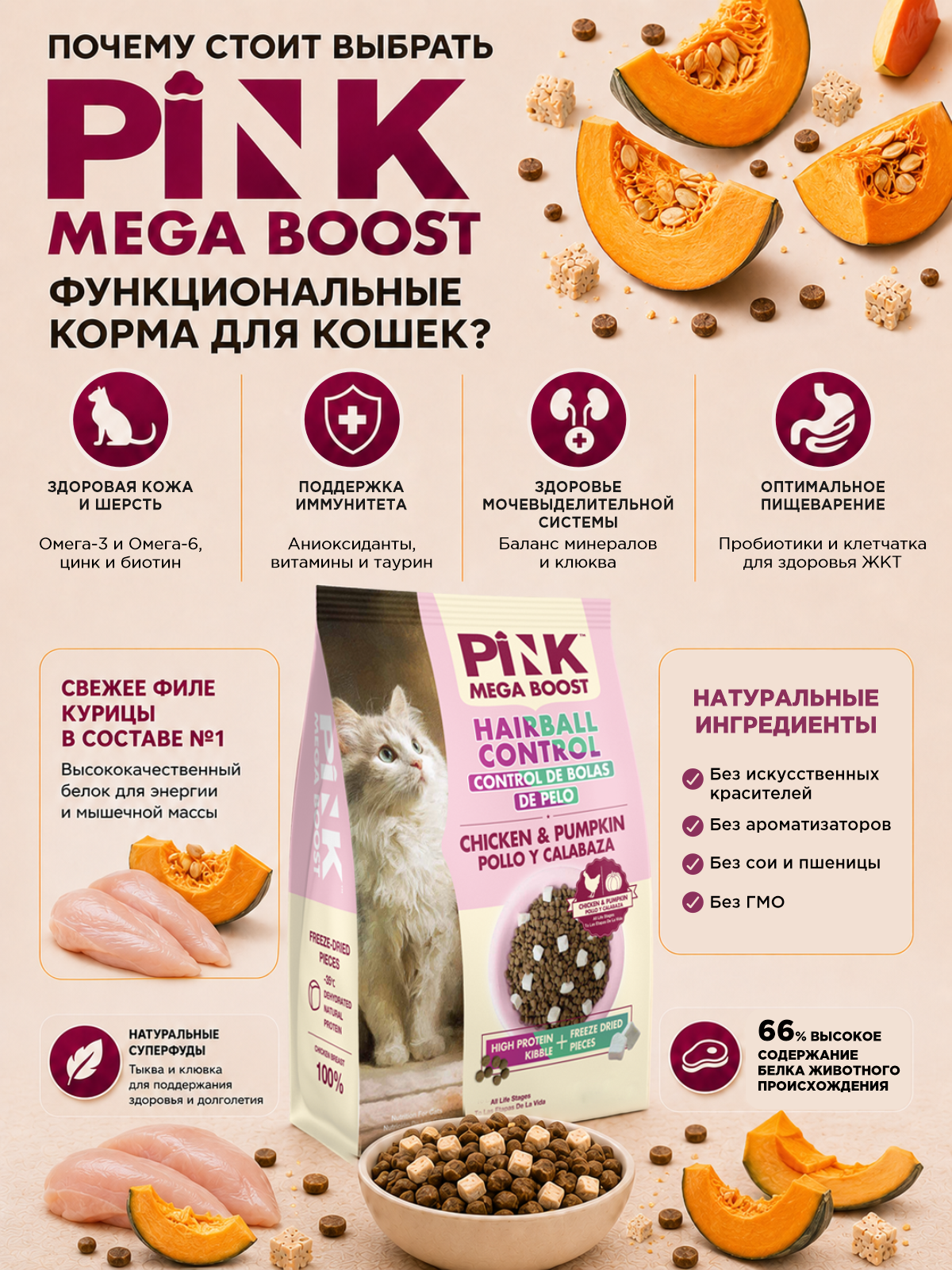 Сухой корм для кошек PINK MEGA BOOST Для вывода шерсти Курица с тыквой с сублимированным мясом 400г - фото 3