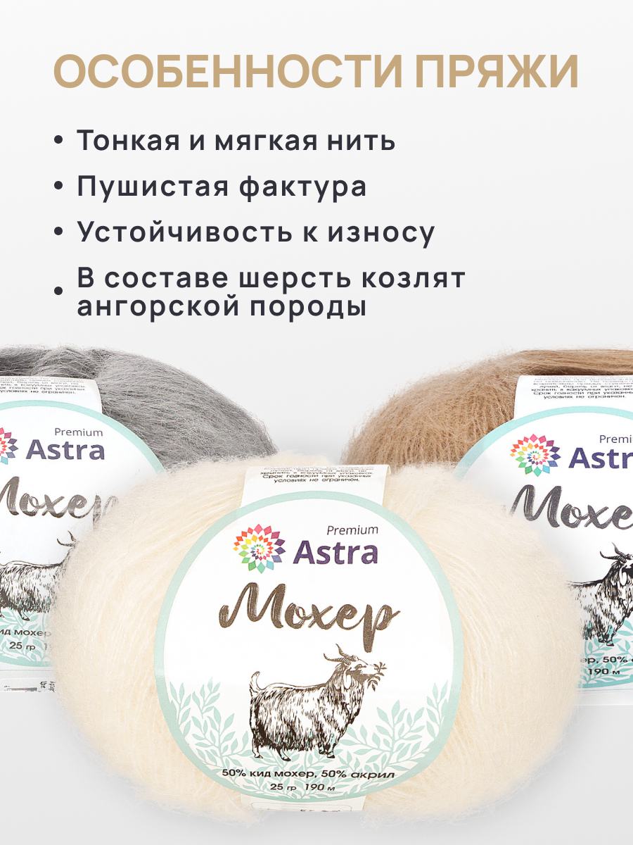 Пряжа Astra Premium Мохер Mohair полушерстяная с ворсом 25 г 190 м 01 белый 4 мотка - фото 3