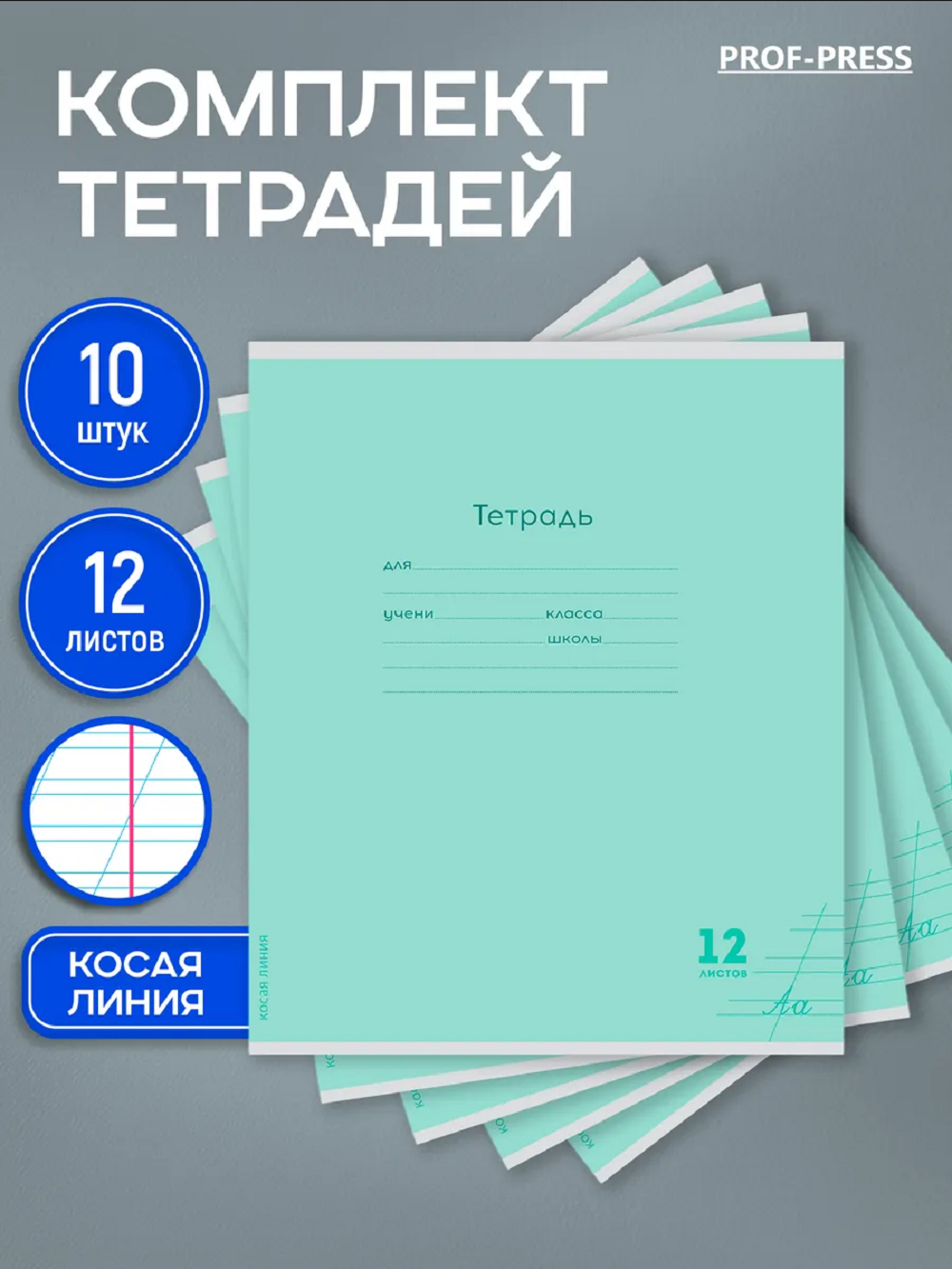 Тетрадь Prof-Press косая линейка 12 лист. 10 шт. - фото 1