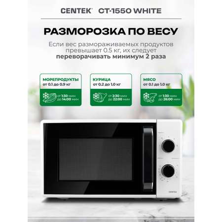 Микроволновая печь CENTEK CT-1550 Белая 700Вт 20л 5 режимов подсветка открывание дверцы ручкой
