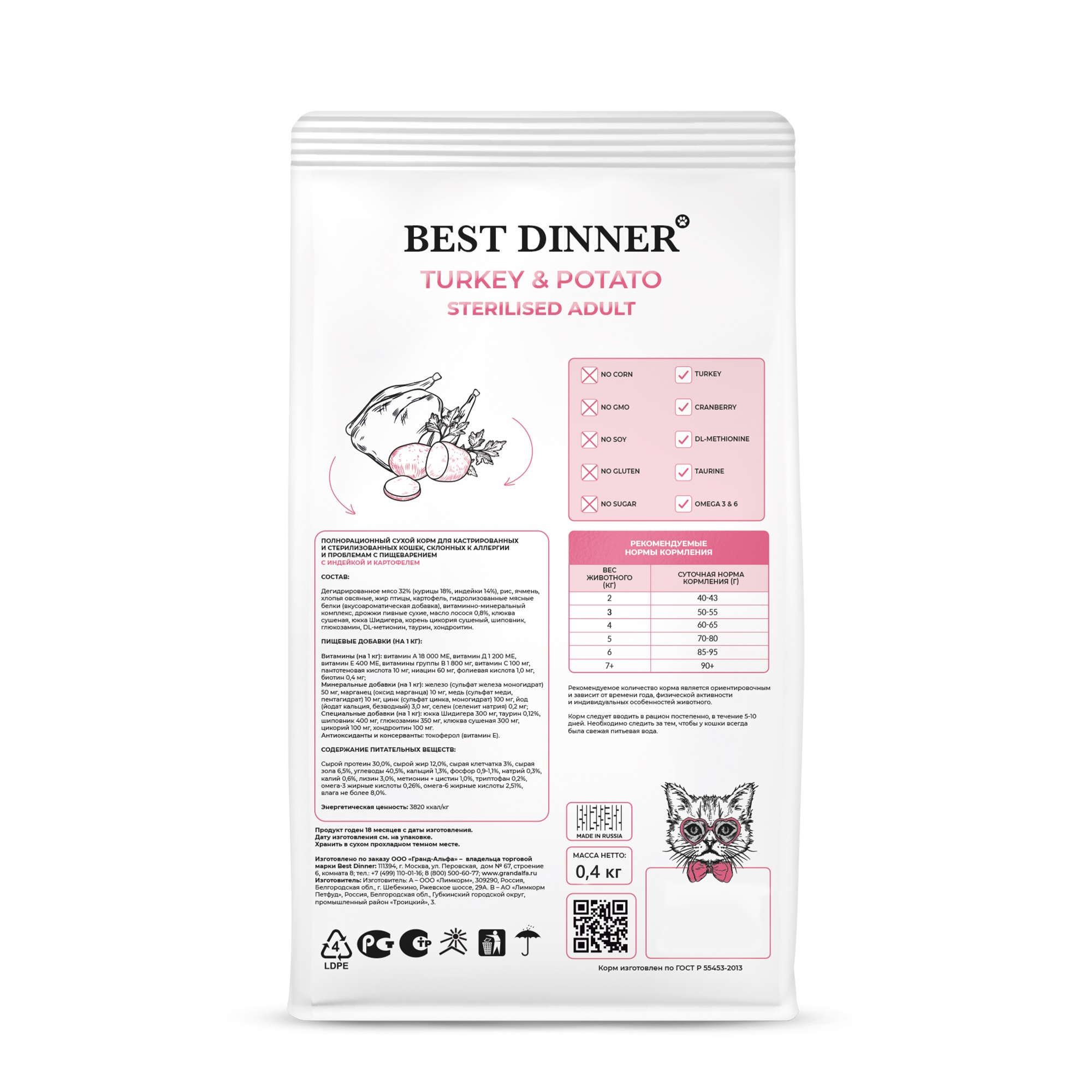 Корм для кошек Best Dinner 0.4кг стерилизованных Эдалт индейка-картофель - фото 2