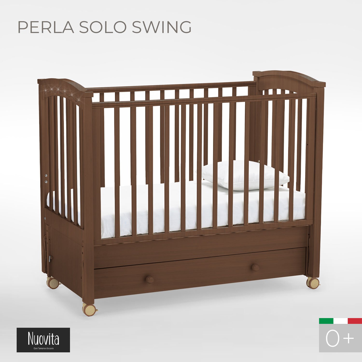Детская кроватка Nuovita Perla solo swing, продольный маятник (темный орех) - фото 1