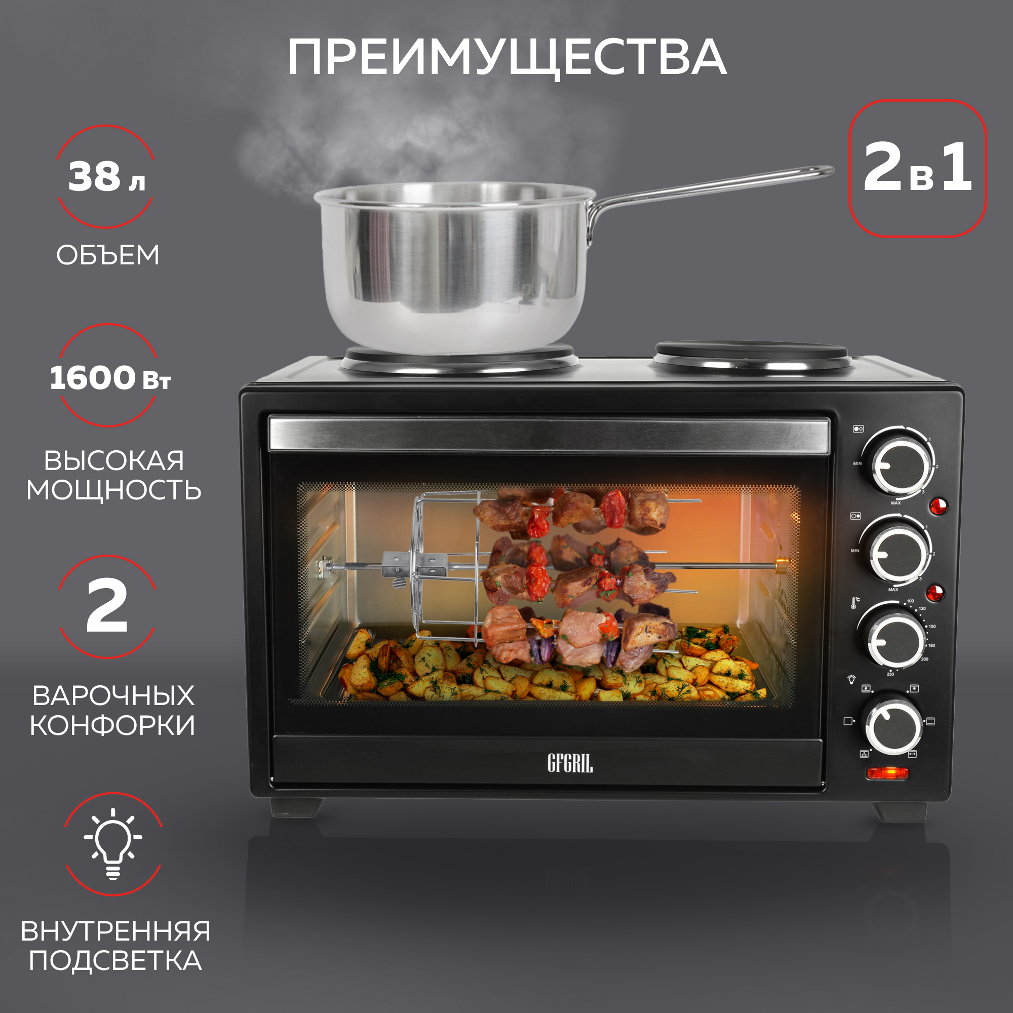 Мини-печь GFGRIL Многофункциональная GFO-40 духовка с 2 конфорками - фото 13