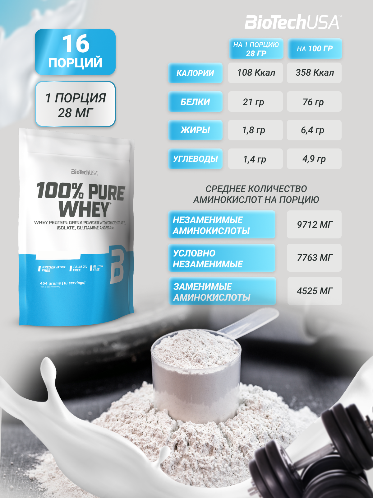 Протеин BiotechUSA 100% Pure Whey 454 г. Рисовый пудинг - фото 3