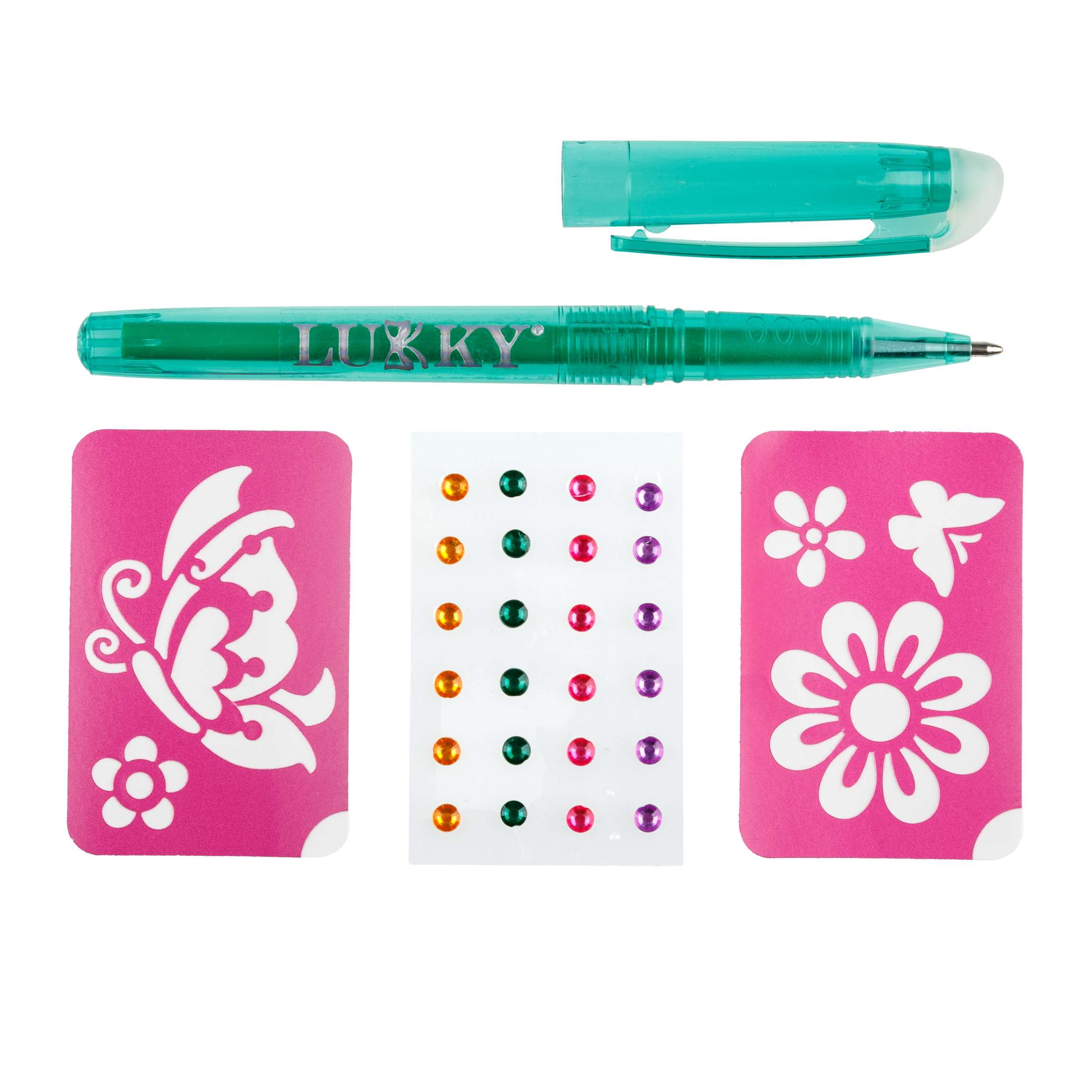 Набор для боди-арта LUKKY Дизайнер-Сет с 1 тату ручкой трафаретами стразами изумрудный - фото 2
