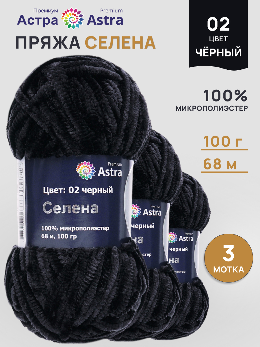 Пряжа для вязания Astra Premium селена мягкая микрополиэстер 100 гр 68 м 02 черный 3 мотка - фото 1