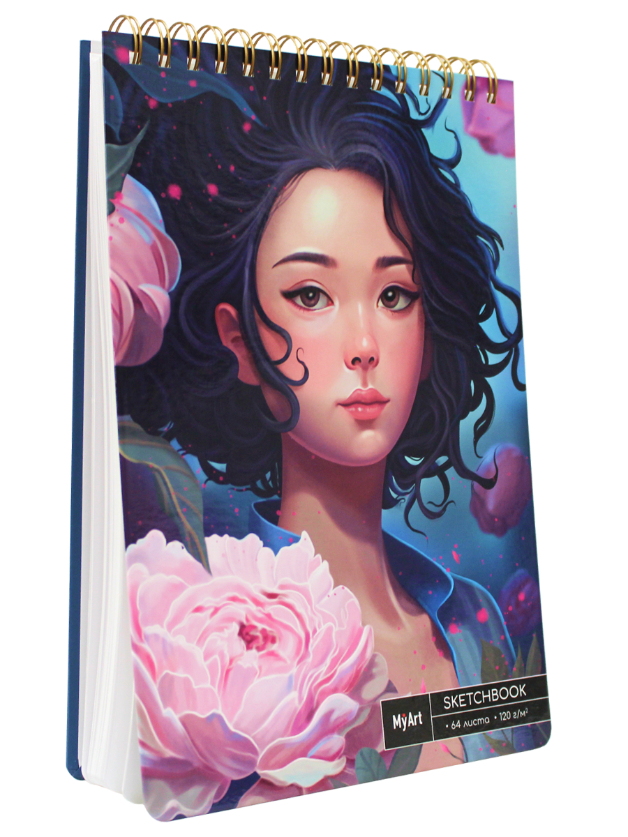 Блокнот-скетчбук Проф-Пресс Myart на гребне А4 Аниме Девушка с пионами - фото 3