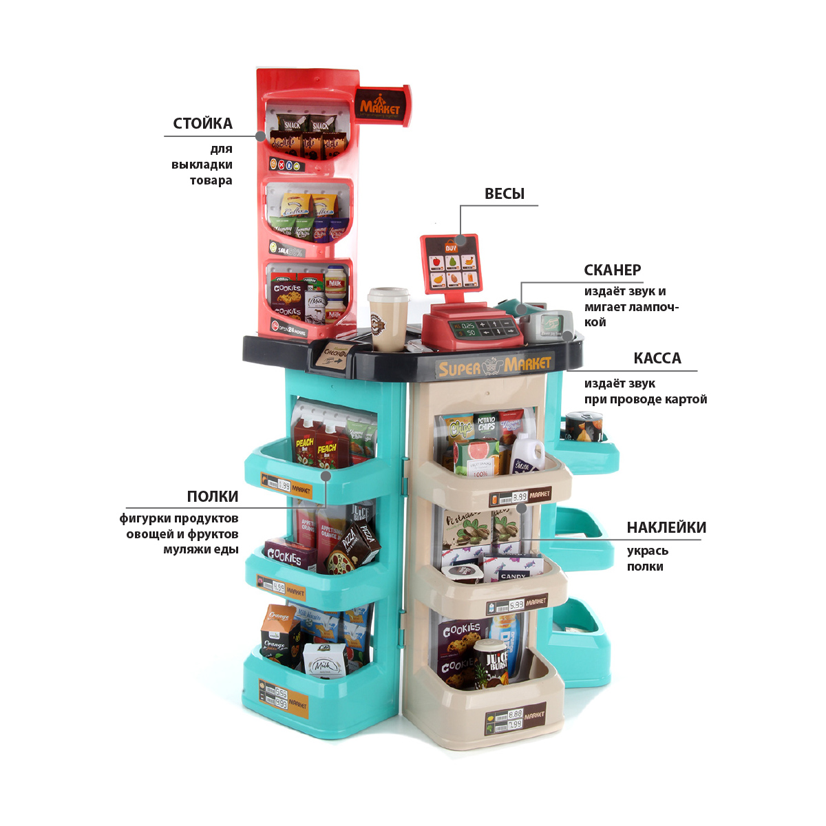 Игровой набор Veld Co тележки и корзинки, прилавок, касса, продукты - фото 2