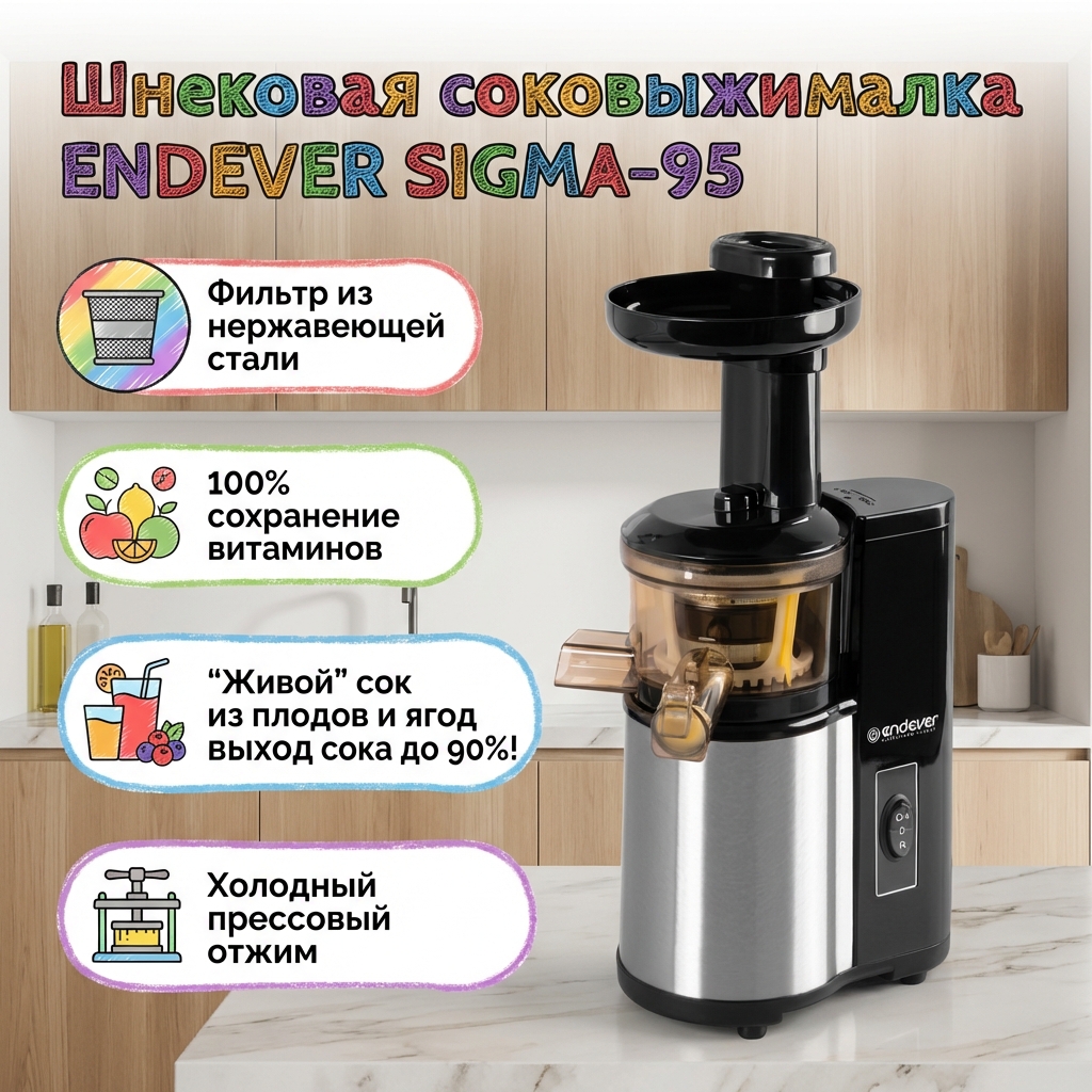 Изображение товара Шнековая соковыжималка ENDEVER SIGMA-95 с реверсом и защитой от перегрева