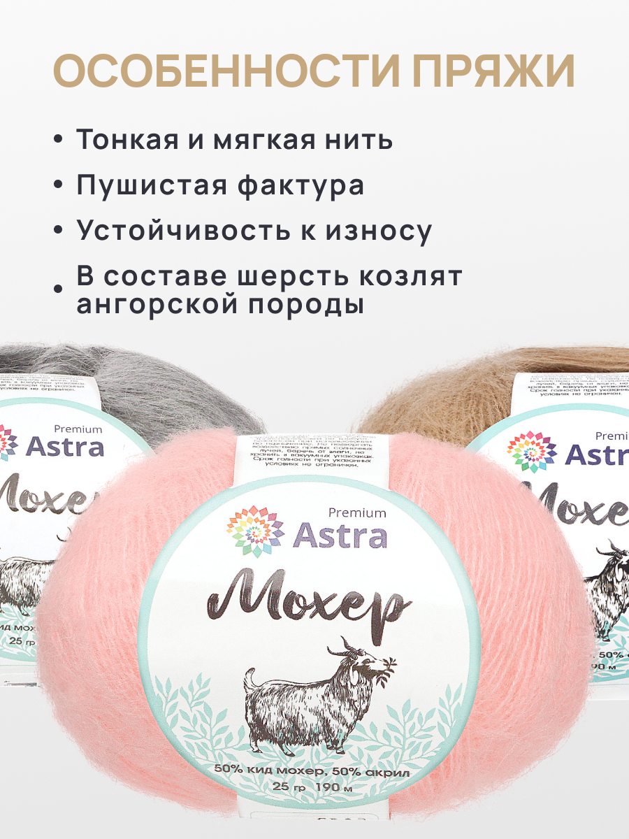 Пряжа Astra Premium Мохер Mohair полушерстяная с ворсом 25 г 190 м 40 нежно-розовый 4 мотка - фото 3