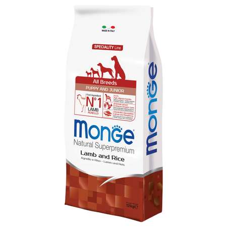 Корм для щенков MONGE Dog Speciality всех пород ягненок с рисом сухой 12кг